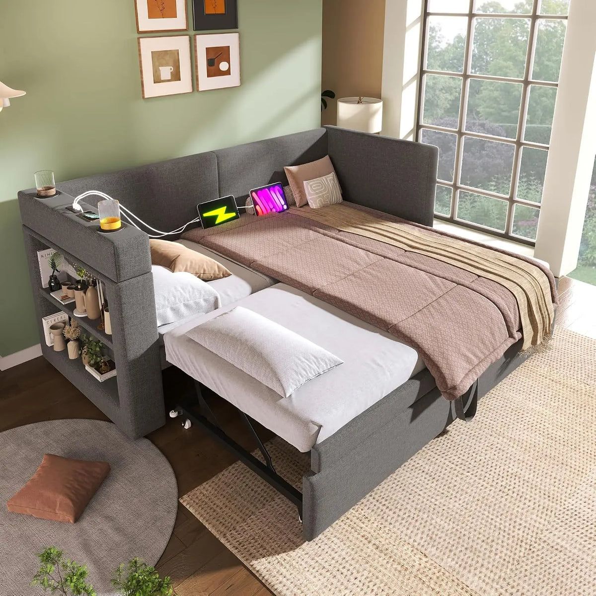 Lit Banquette 90 x 200 cm Gris Foncé avec Lit Gigogne