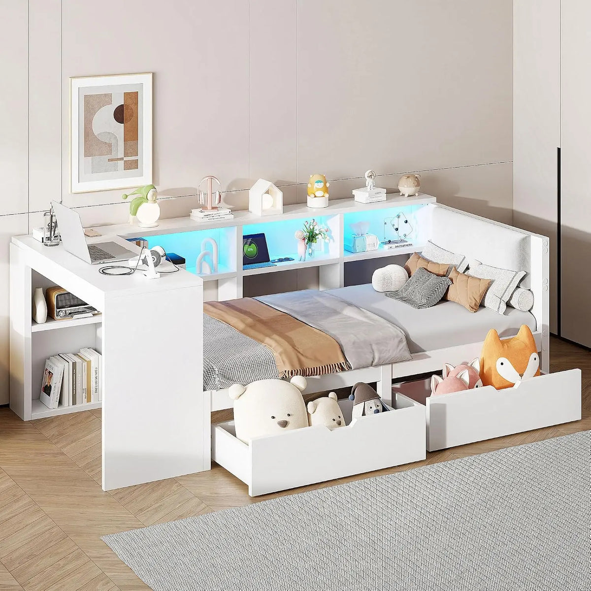 Merax Lit Simple en Bois avec LED – 90 x 200 cm, blanc
