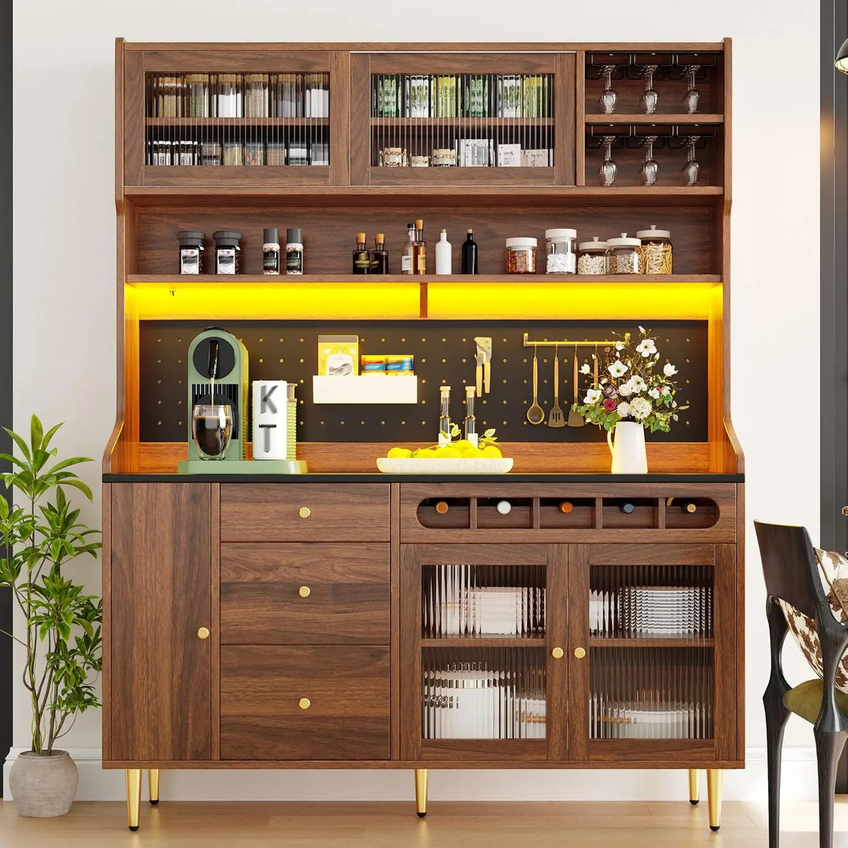 DHHU Meuble Haute Noyer 145x39x171 cm avec casier à vin et LED connecté – orange/gris